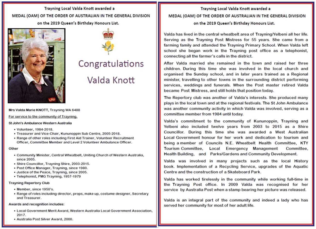 Queen's Honours 2019 Awarded to Mrs Valda Knott